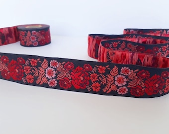 35 mm - 1.25&quot; red&black flower jacquard ribbon, flower Sewing trim, Black Craft border, novelty jacquard, by the meter