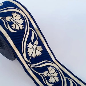 50mm (1+7/8 inch) Floral thick Navy blue and gold sewing woven ribbon, Embroidered fabric trim, embellishment yardage Rayon costume
