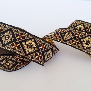 35 mm - 1.25&quot; inches geometric jacquard ribbon, metalic gold woven, gold&black jacquard trim