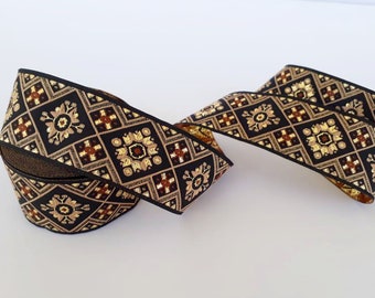 35 mm - 1.25&quot; inches geometric jacquard ribbon, metalic gold woven, gold&black jacquard trim