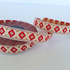 Ribete de jacquard nativo de 15 mm (5/8 pulgadas) en rojo y crema, cinta azteca tribal de rombos, borde de grosgrain étnico estilo bohemio
