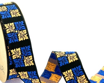 25mm-1 inch blue&yellow leaf pattern trim, Square Geometric ribbon, jacquard border, Square pattern ribbon