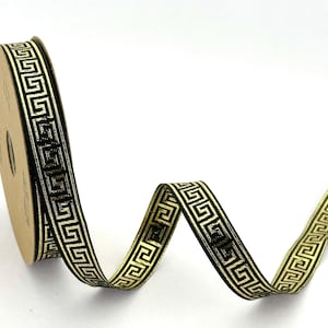 Ruban Jacquard métallique doré de 15 mm (5/8 po.), bordure brodée, bordures à coudre, bordures jacquard clés grecques or brillant et noir, bordure tissée