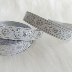 15 mm (5/8 inches) metallic silver Jacquard ribbon, Embroidered border, Sewing trim, silver Jacquard trim,  metallic silver  Woven Border
