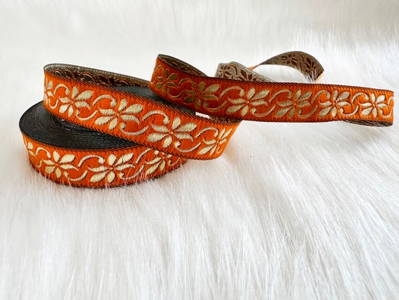 Ruban Jacquard Tissé Impérial 18mm X 10m - Couleurs Orange Et Marron - Pour Couture, Décoration Vêtements, Rideaux, Coussins