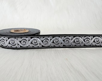 22 mm_ 0.86 inch Black&shiny silver embroidered trim, scroll jacquard ribbon, Embroidered border, Scroll Jacquard trim, Woven Border