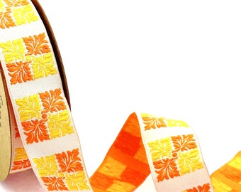 25mm-1 inch yellow&orange leaf pattern trim, Square Geometric ribbon, jacquard border, Square pattern ribbon