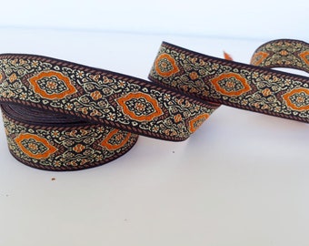 25mm-1 inch Jacquard ruban in orange&brown colors, Turkish kilim trim, Drapery border embroidered boho