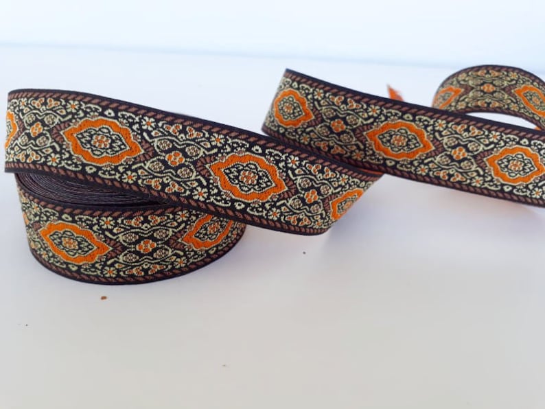 25mm-1 inch Jacquard ruban in orange/&brown colors Drapery border embroidered boho Turkish kilim trim