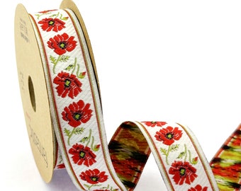 25 mm - 1 inch Red Rose Pattern Jacquard Ribbon  Woven Trim Border Embroidered Ribbon Sewing Trim Craft Ribbon, FlowerJacquard Trim