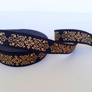 20 mm_ 0.80 inch black and gold embroidered jacquard ribbon trims and borders made in Turkey, Victorian Jade Jacquard Ribbon