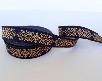 20 mm_ 0.80 inch black and gold embroidered jacquard ribbon trims and borders made in Turkey, Victorian Jade Jacquard Ribbon