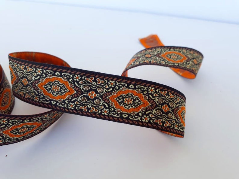 25mm-1 inch Jacquard ruban in orange/&brown colors Drapery border embroidered boho Turkish kilim trim