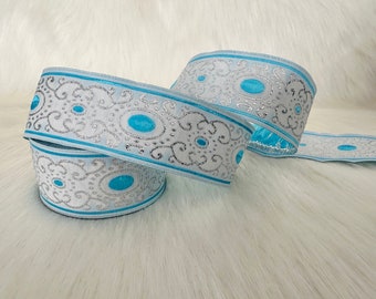 35 mm-1.25 inches metallic blue and white Jacquard ribbon, authentic Jacquard trim, Jacquard border, costume trim