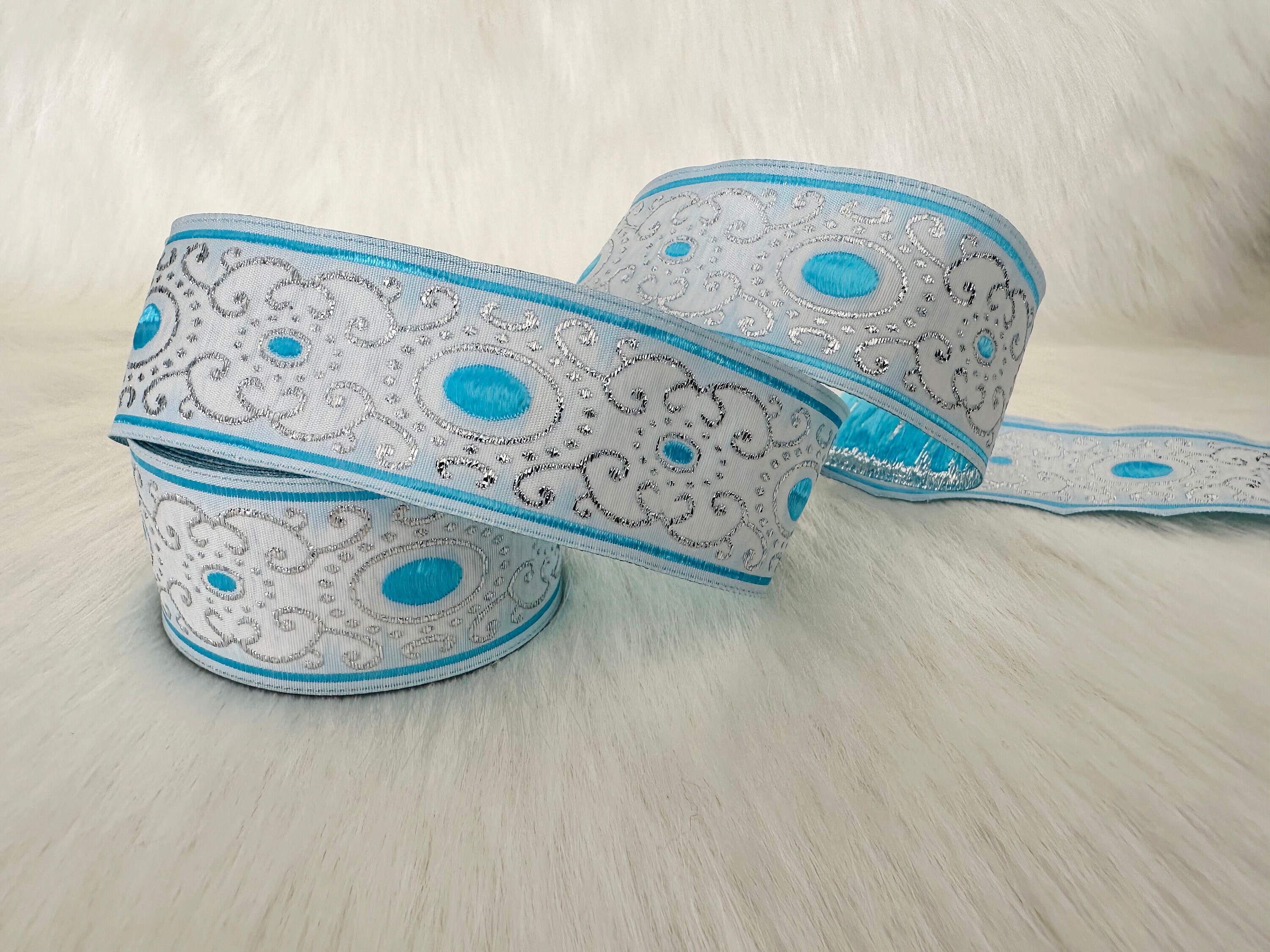 35 mm-1.25 inches metallic blue and white Jacquard ribbon, authentic Jacquard trim, Jacquard border, costume trim