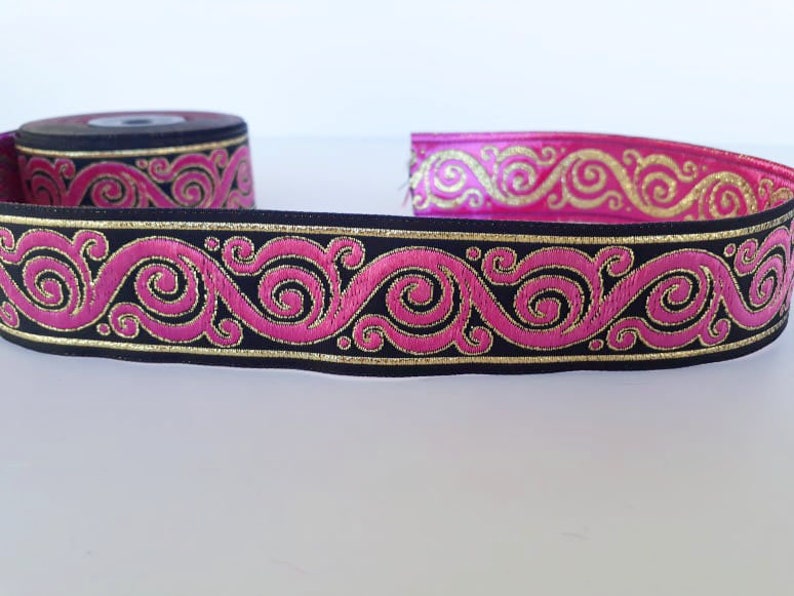 Scroll patterned border Scroll Jacquard trim 1.25 scroll trim by the yard pink and black Sewing trim 35 mm