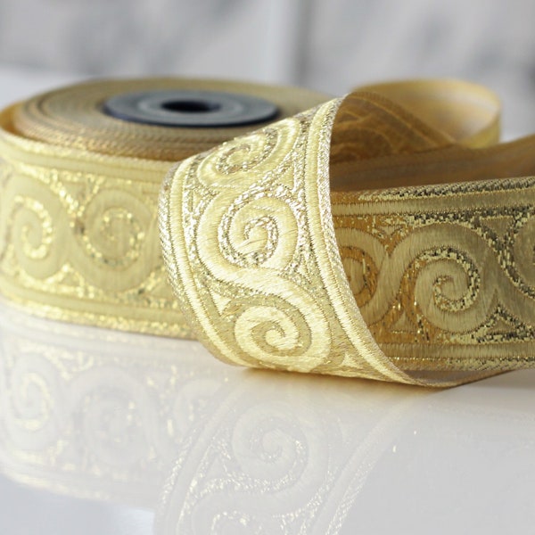 35 mm - 1.25" scroll pattern shiny gold jacquard ribbon,  Sparkly Gold Border, Glitter metallic trim