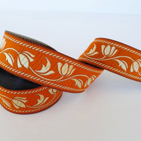 35 mm - 1.25" orange&gold Jacquard border, embroider jacquard ribbon, flower pattern trim, tulip motive trim