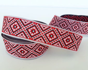 28mm-( 1.10 inch ) exotic ethnic  red  jacquard ribbon, woven in white and red color diamond pattern trim, ukrainian embroidery