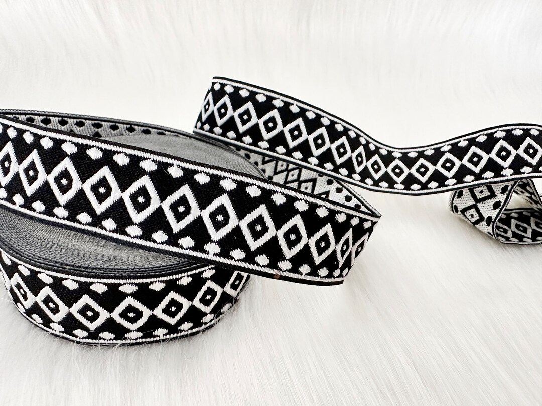 25mm-1 Inches Black and White Diamond Design Ribbon, Jacquard Ribbons ...
