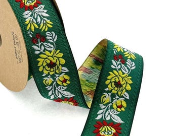 35 mm - 1.25" Green flower Jacquard ribbon, floral costume trim, sewing trim with ribbon