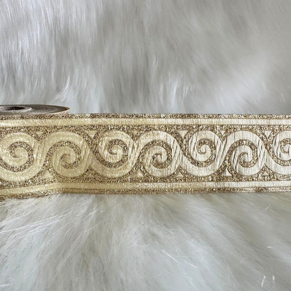 50mm (2 inches)  scroll style shiny gold Jacquard ribbon, knitting pattern border, lurex ribbon
