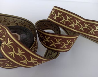 35 mm - 1.25" brown and gold Jacquard ribbon, woven jacquard trim in by the meter, Flower Branch jacquard border