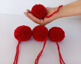 4 pcs 4cm/5cm/6cm/ 2 pcs 8cm/10cm ruby red hmong pompoms, Wool fluffy pom poms, Red pom pom