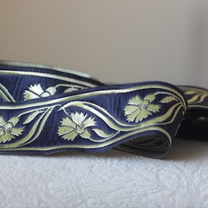 35 mm - 1.25&quot; navy blue and gold Jacquard trim, woven jacquard trim in navy blue color by the meter, Flower jacquard trim