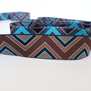 25mm-1 inches Brown and Blue Chevron Jacquard Trim, Woven Border Trimmings, Geometric Ribbon, Braid Embroidery Trim