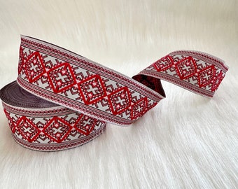 35 mm - 1.25" red&white Jacquard ribbon, ethnic trim, Ribbon woven in red and white  pattern border, ukrainian embroidery