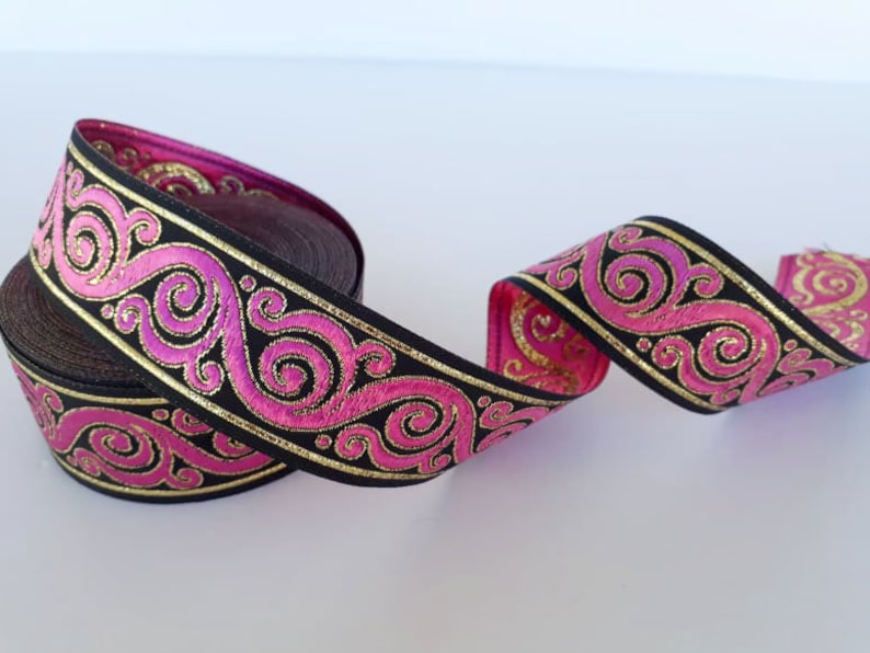 Scroll patterned border Scroll Jacquard trim 1.25 scroll trim by the yard pink and black Sewing trim 35 mm