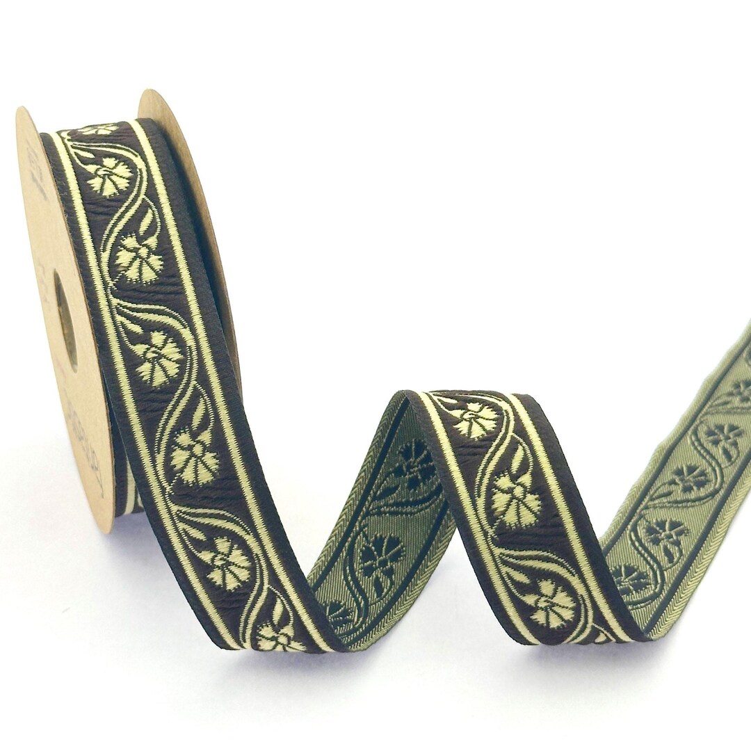 22 Mm_ 0.86 Inch Brown&gold Flower Jacquard Ribbon, Gold Floral