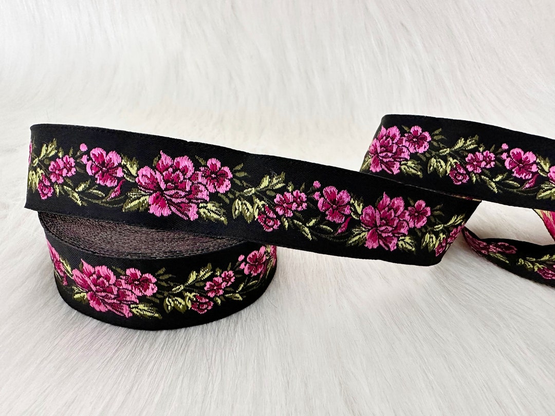 25 Mm - 1 Inch Pink Rose Pattern Jacquard Ribbon Woven Trim Border ...
