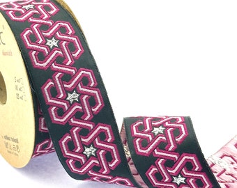 35 mm - 1.25" Stars pattern purple&black jacquard ribbon, celtic knot sewing trim
