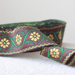 35 mm - 1,25 &quot;Goldblume Jacquard Borte, gewebte Jacquard Borte, Nähborte mit braunen und grünen Farben