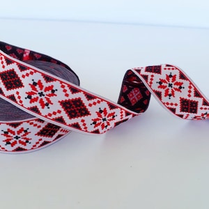25 mm_1 inches&quot; red&white Jacquard ribbon, ethnic trim, Embroidered border, novelty jacquard, diamond  pattern woven