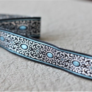 15 mm (5/8 inches) metallic blue Jacquard ribbon, Embroidered border, Sewing trim, blue Jacquard trim,  metallic lilac  Woven Border