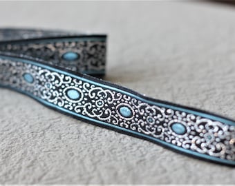 15 mm (5/8 inches) metallic blue Jacquard ribbon, Embroidered border, Sewing trim, blue Jacquard trim,  metallic lilac  Woven Border