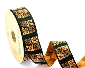 25mm-1 inch brown&orange leaf pattern trim, Square Geometric ribbon, jacquard border, Square pattern ribbon