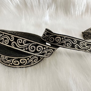 Ruban Jacquard noir et or métallique de 15 mm (5/8 po.), Bordure brodée, Bordure à coudre, Bordure jacquard, Bordure tissée
