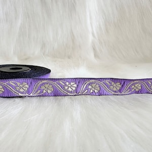 Cinta Jacquard lila y dorada de 15 mm (5/8 pulgadas), Borde bordado, Adorno de costura, Cinta de flores doradas, Borde tejido, Borde artesanal