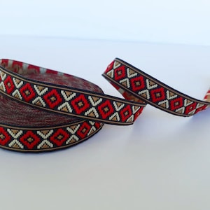 15 mm (5/8 pollici) Passamaneria jacquard nativa in rosso e marrone, nastro tribale azteco a rombo, bordo etnico in grosgrain in stile boho