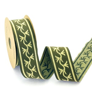 35 mm - 1.25&quot; green and gold Jacquard ribbon, woven jacquard trim in by the meter, Flower Branch jacquard border