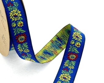 22 mm_ 0.86 inch Blue flower Jacquard ribbon, floral costume trim, sewing trim with ribbon