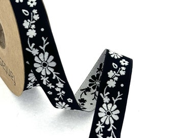 20 mm-0.80 inches Jacquard ribbon, Embroidered border, Sewing trim, white and black flower ribbon