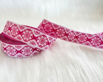 25mm-1 inch white and Fuschia  Florwer ribbon, Craft Border Trim, Jacquard Costume border, Fuschia sewing trim