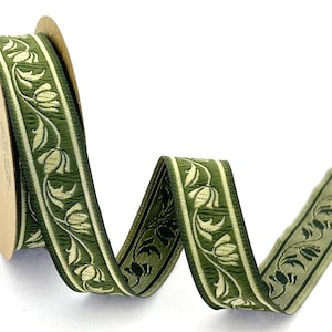 22 mm_ 0.86 inch green&gold flower Jacquard ribbon, gold floral costume trim, sewing trim with ribbon