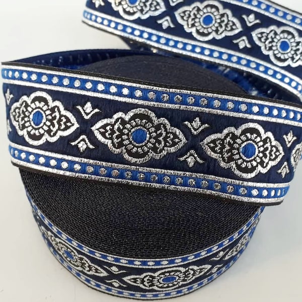 35 mm - 1.25" inches Blue&silver Renaissance pattern ribbon, european ribbon, Jacquard ribbon Trim