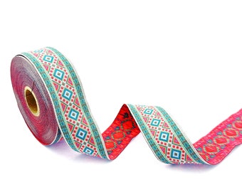 35 mm - 1.25" diamond border, geometric jacquard trim, ethnic jacquard ribbon, multicolor embroider border